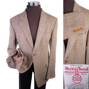 Harris Tweed Herringbone Blazer Sport Coat Size 46L Beige Two Button Jacket EUC